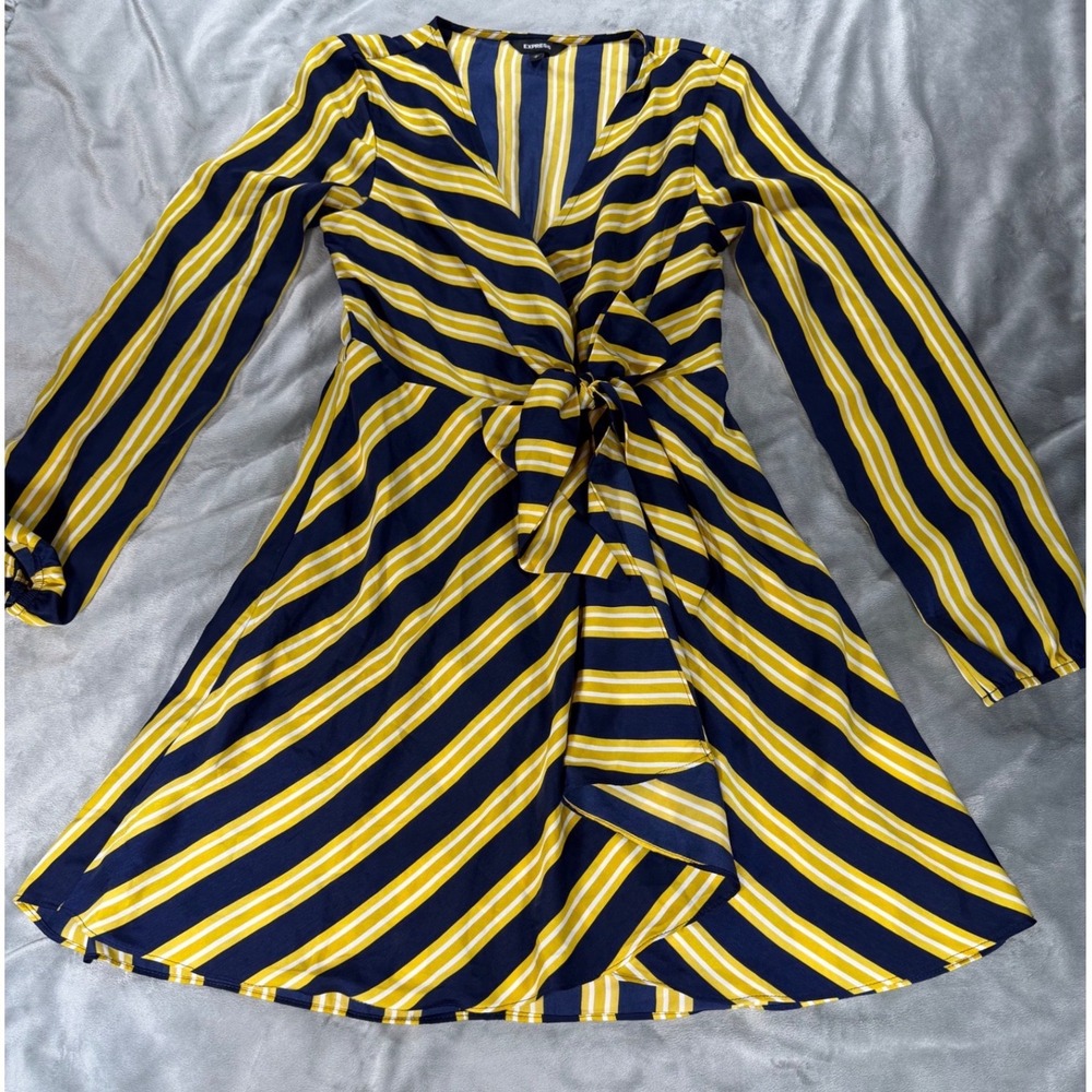 Express Women's V-Neck Long Sleeve Blue Gold White Tie Waist Dress Size Small